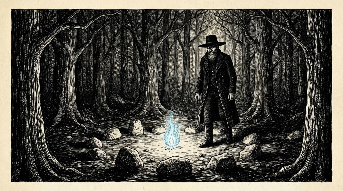 A faint flickering blue flame in a dark forest clearing
