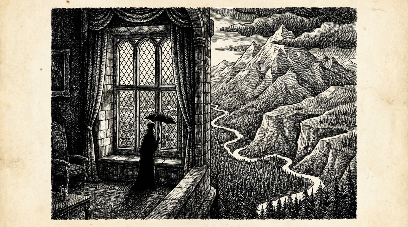 A vast mountain view from a castle window — a sheer precipice dropping a thousand feet
