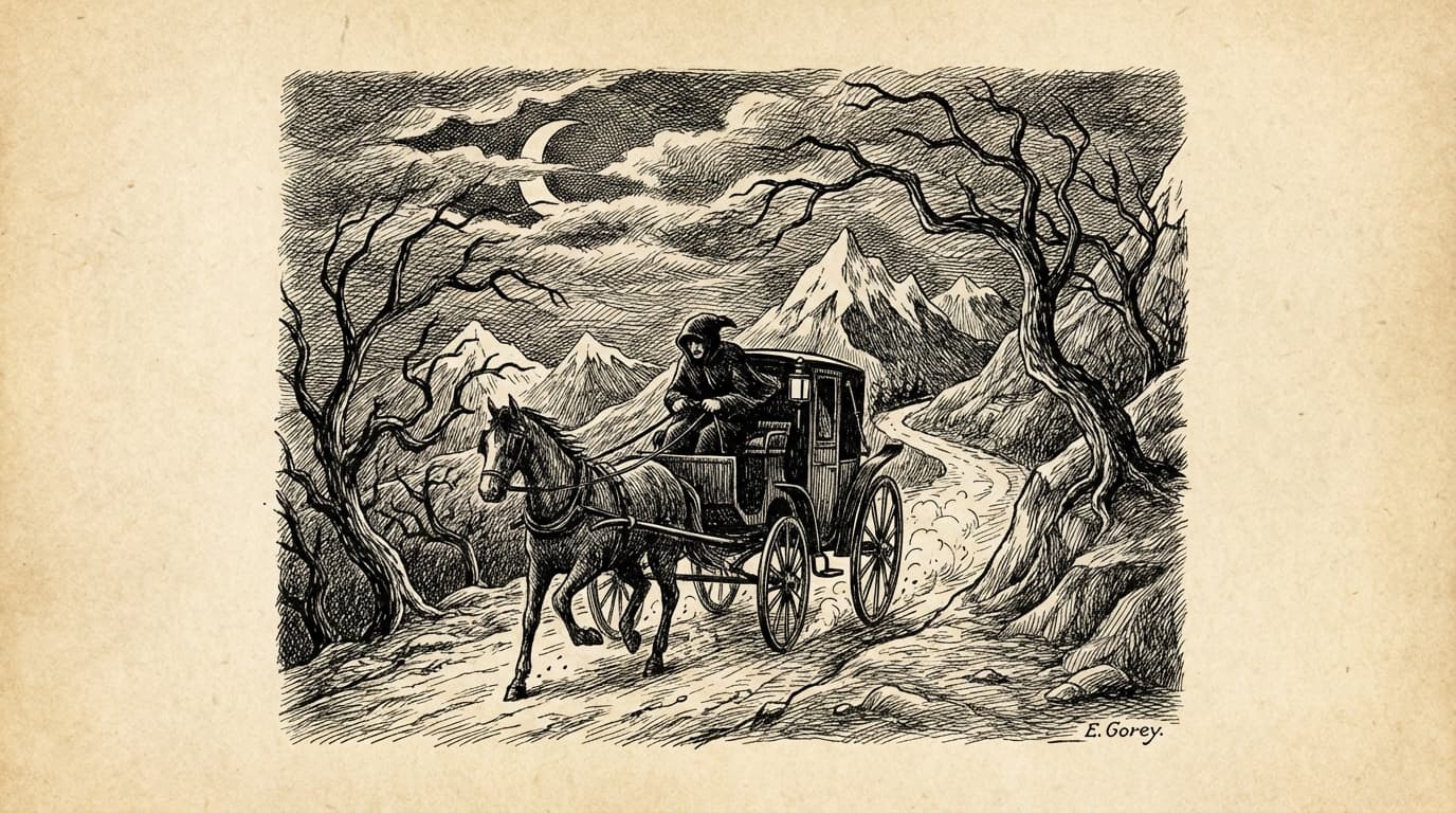 A horse-drawn carriage racing through a dark mountain pass at night