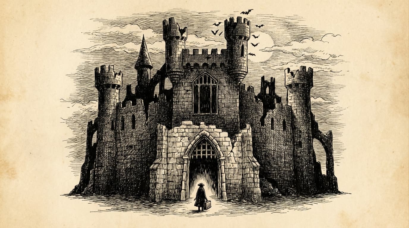 A vast ruined castle with broken battlements against the moonlit sky
