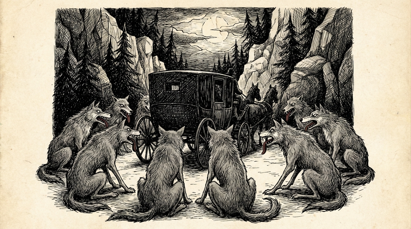 A ring of wolves surrounding a carriage in moonlight