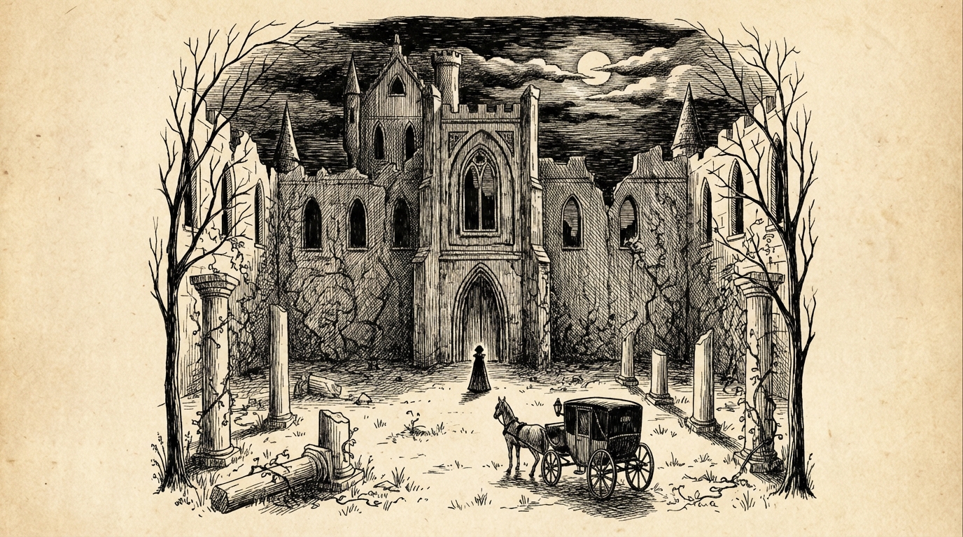 A vast ruined castle courtyard with broken battlements against moonlit sky