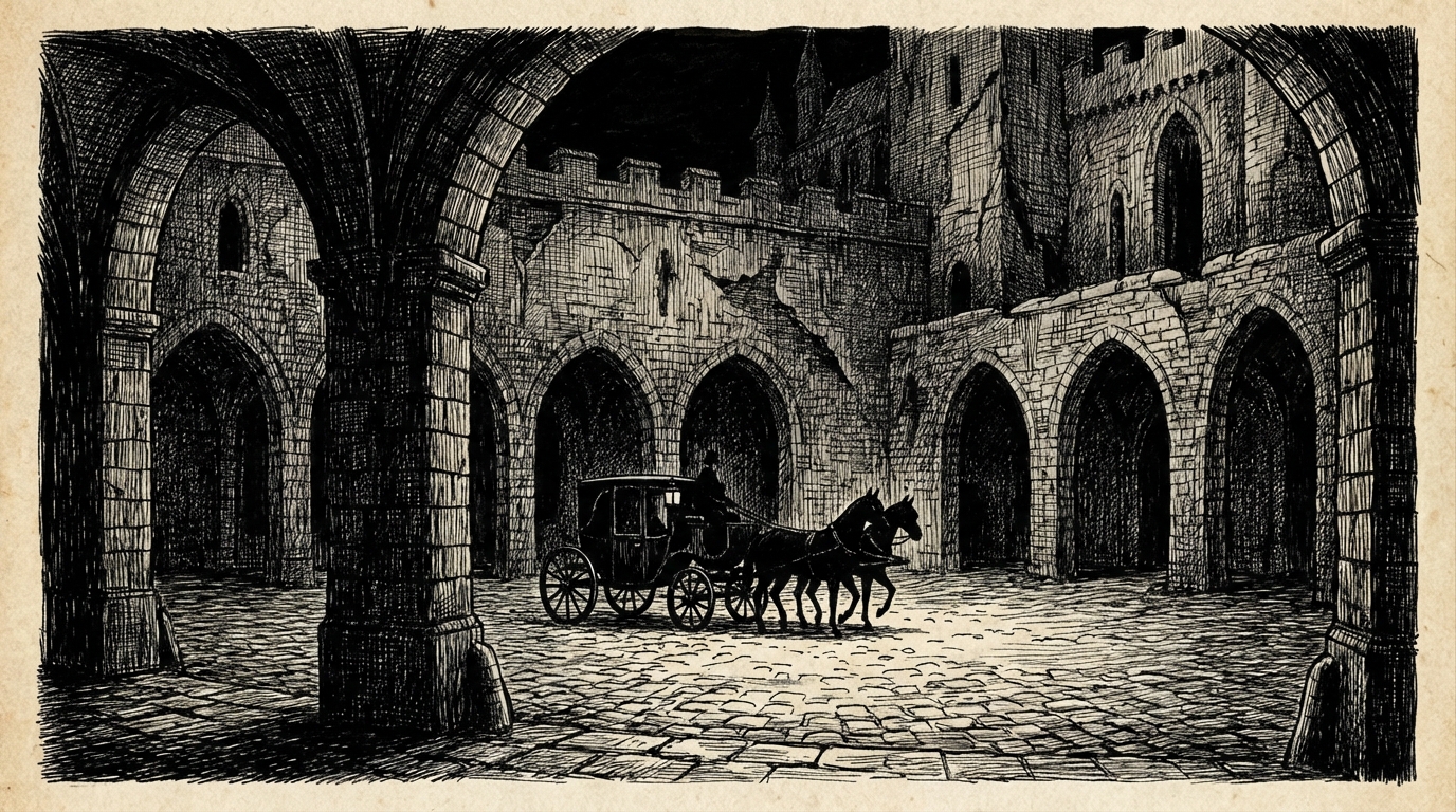 A dark castle courtyard with great round arches leading into blackness