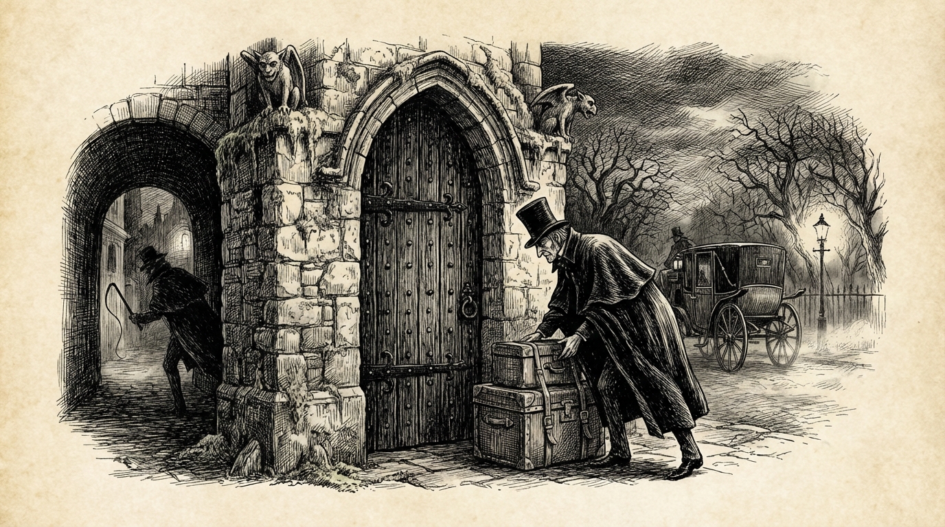 The calèche driver placing luggage by a massive iron-studded door before departing into darkness