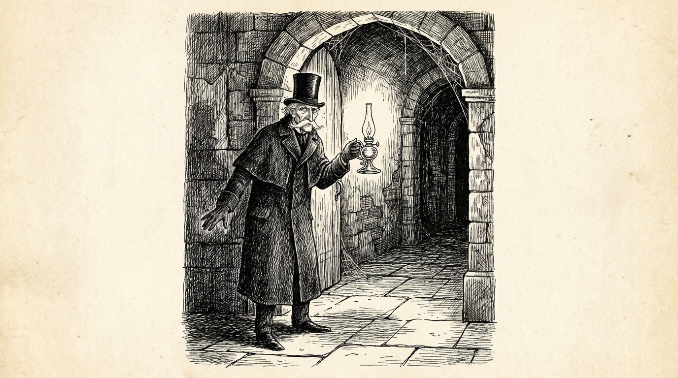 A tall old man in black holding a silver lamp, standing in a massive doorway, long shadows stretching behind him