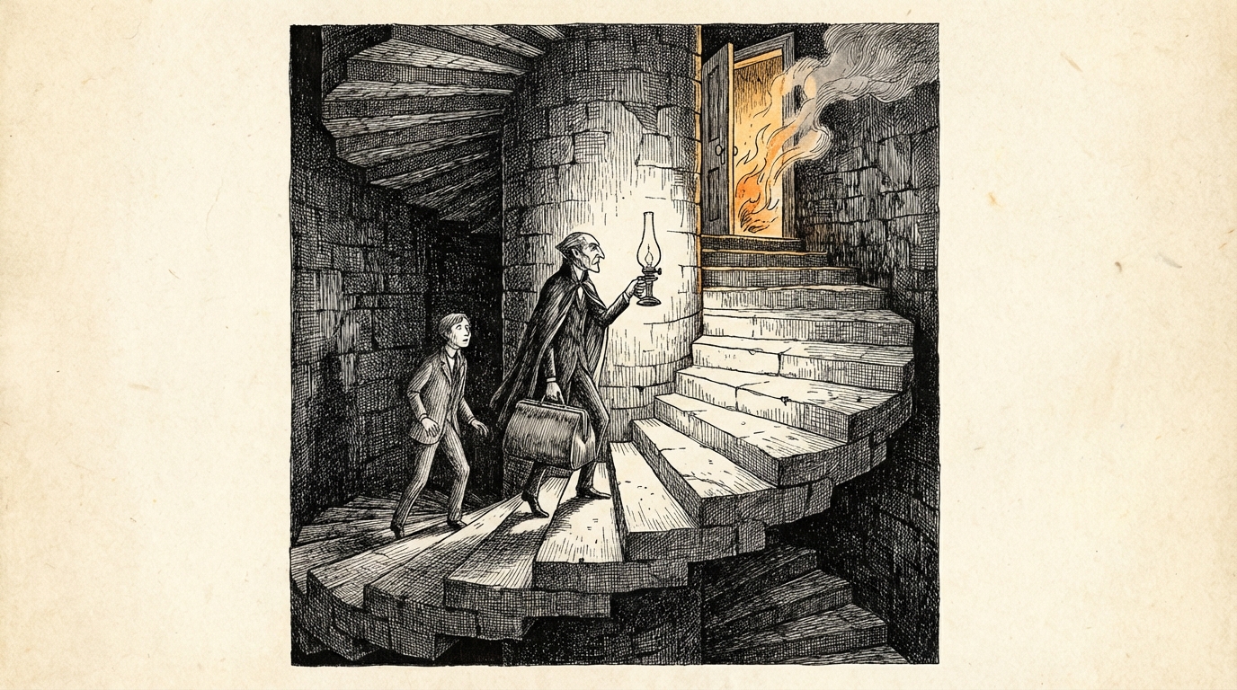 Two figures ascending a great winding stone staircase by lamplight, the Count carrying luggage effortlessly