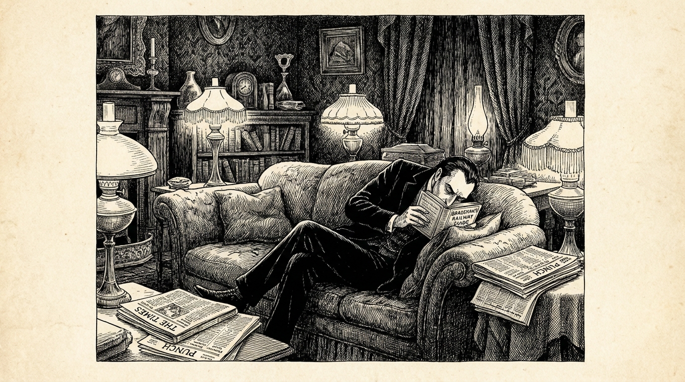 The Count lying on a sofa reading an English railway timetable, lamps lit around a study at dusk