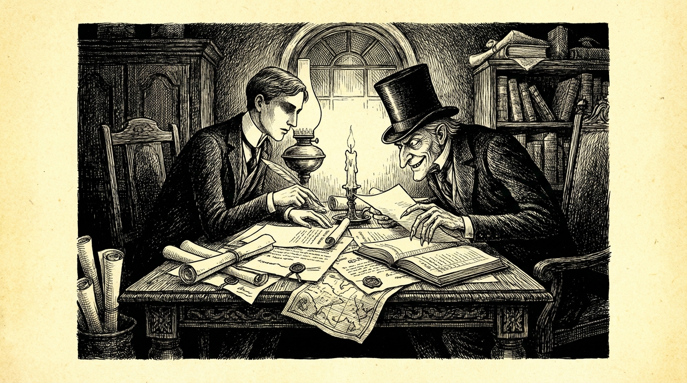 Papers, deeds, and maps spread across a table as two men discuss property transactions by lamplight