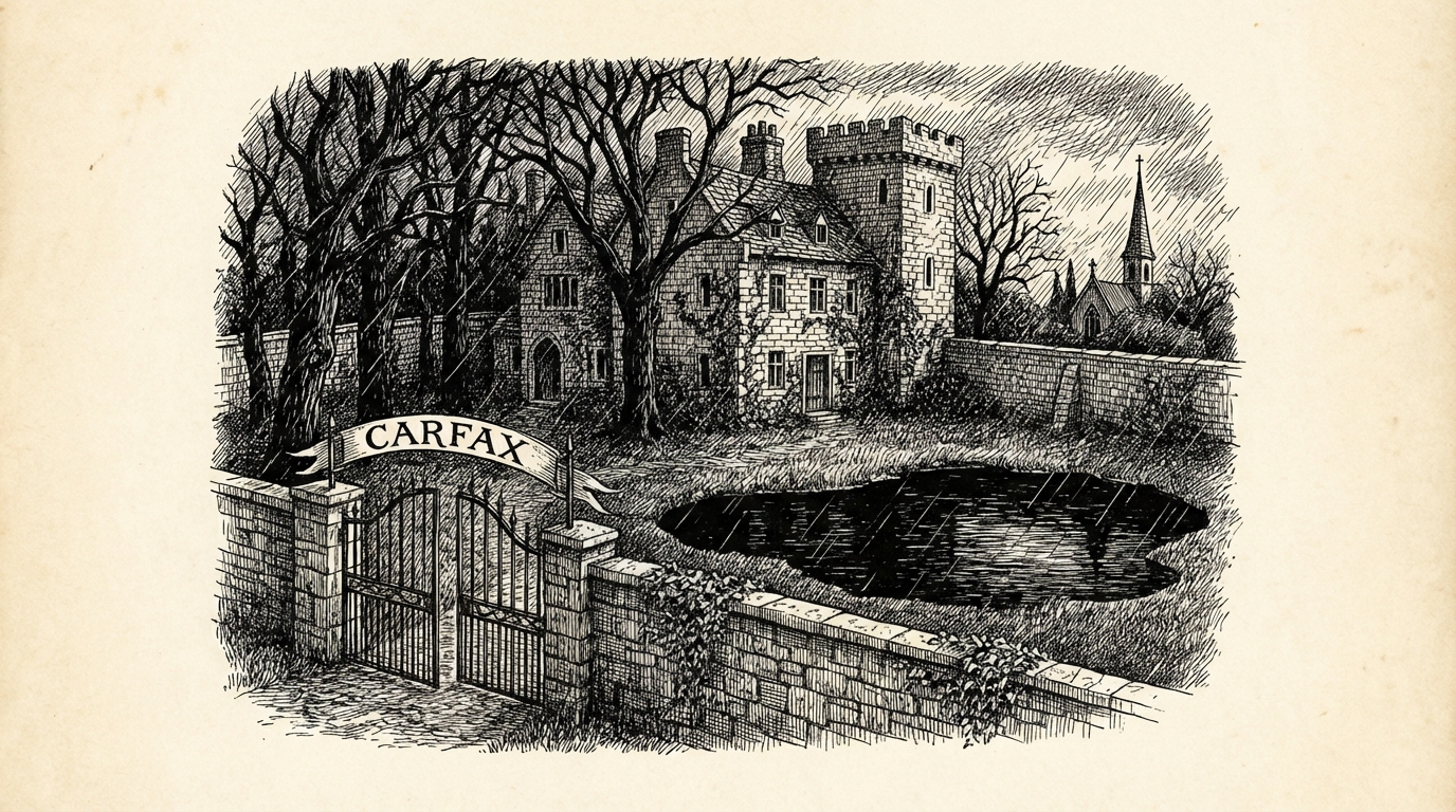 A ruined estate with ancient stone walls, dark trees, a deep pond, and a chapel — Carfax in all its gloomy grandeur