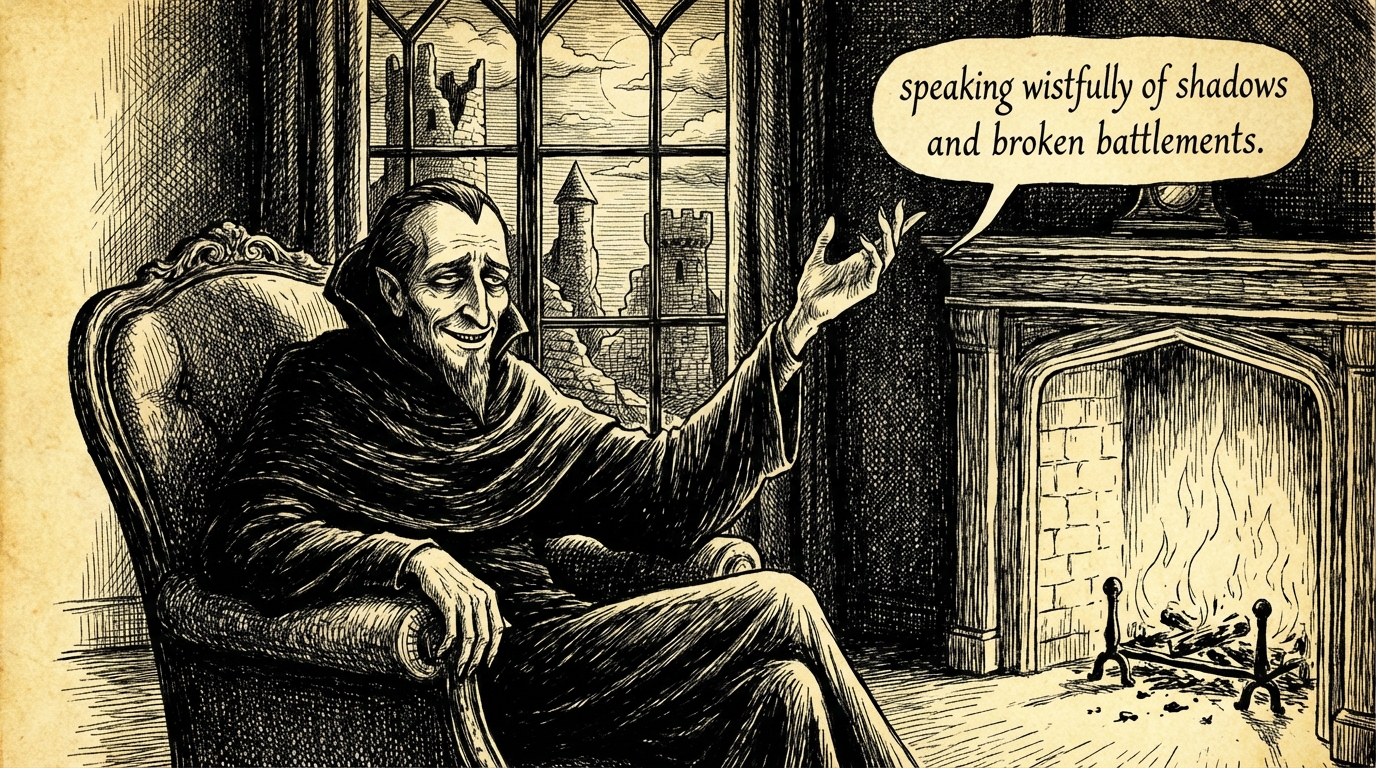 The Count speaking by a fire — 'I am of an old family, and to live in a new house would kill me' — shadows on broken battlements