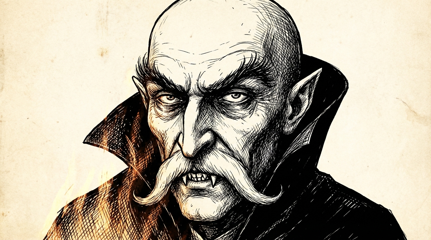 Close portrait of Count Dracula — aquiline nose, massive eyebrows, sharp white teeth protruding over red lips, pointed ears