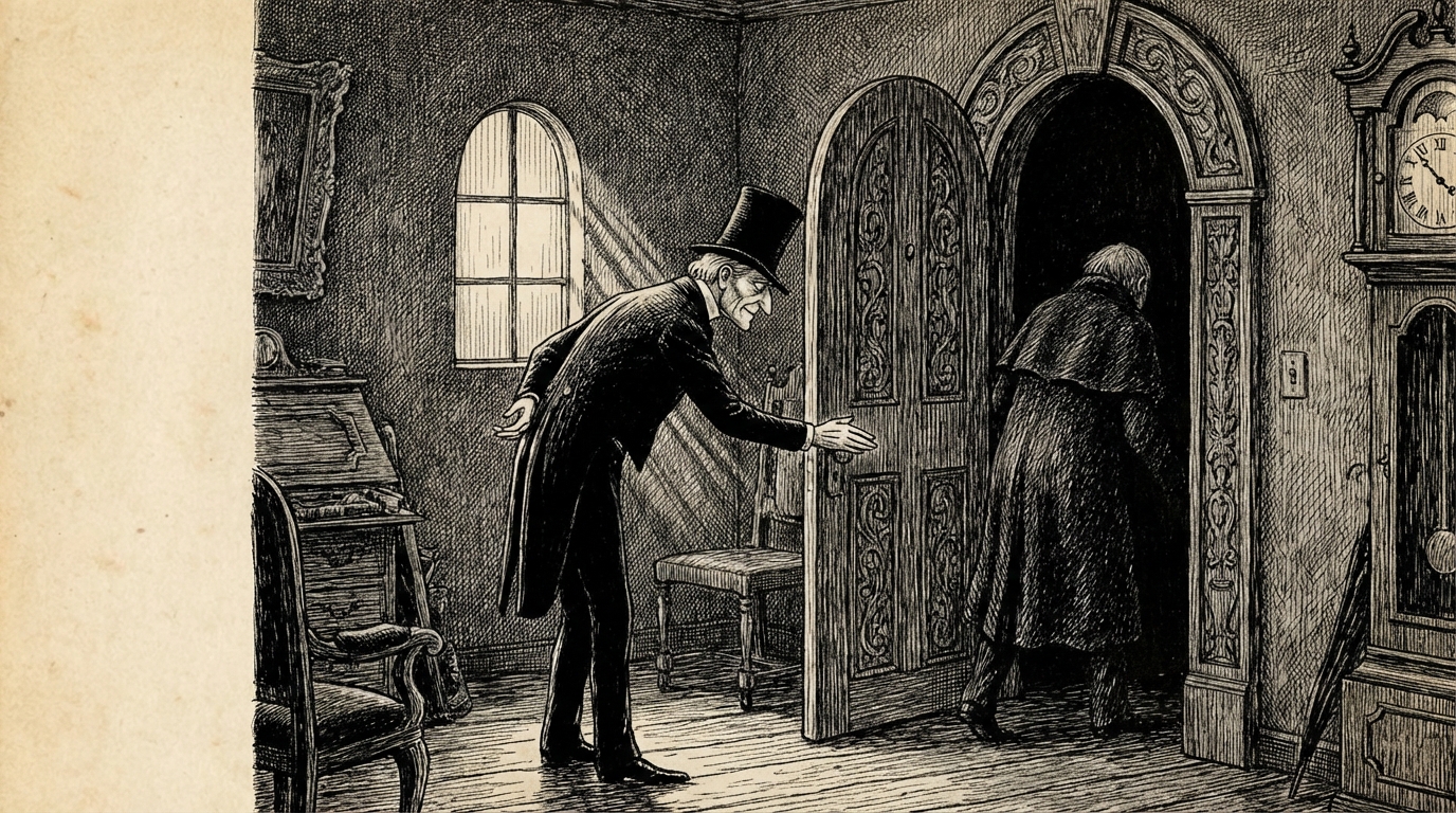 The Count bowing courteously at a doorway, the first grey light of dawn visible through a window behind him