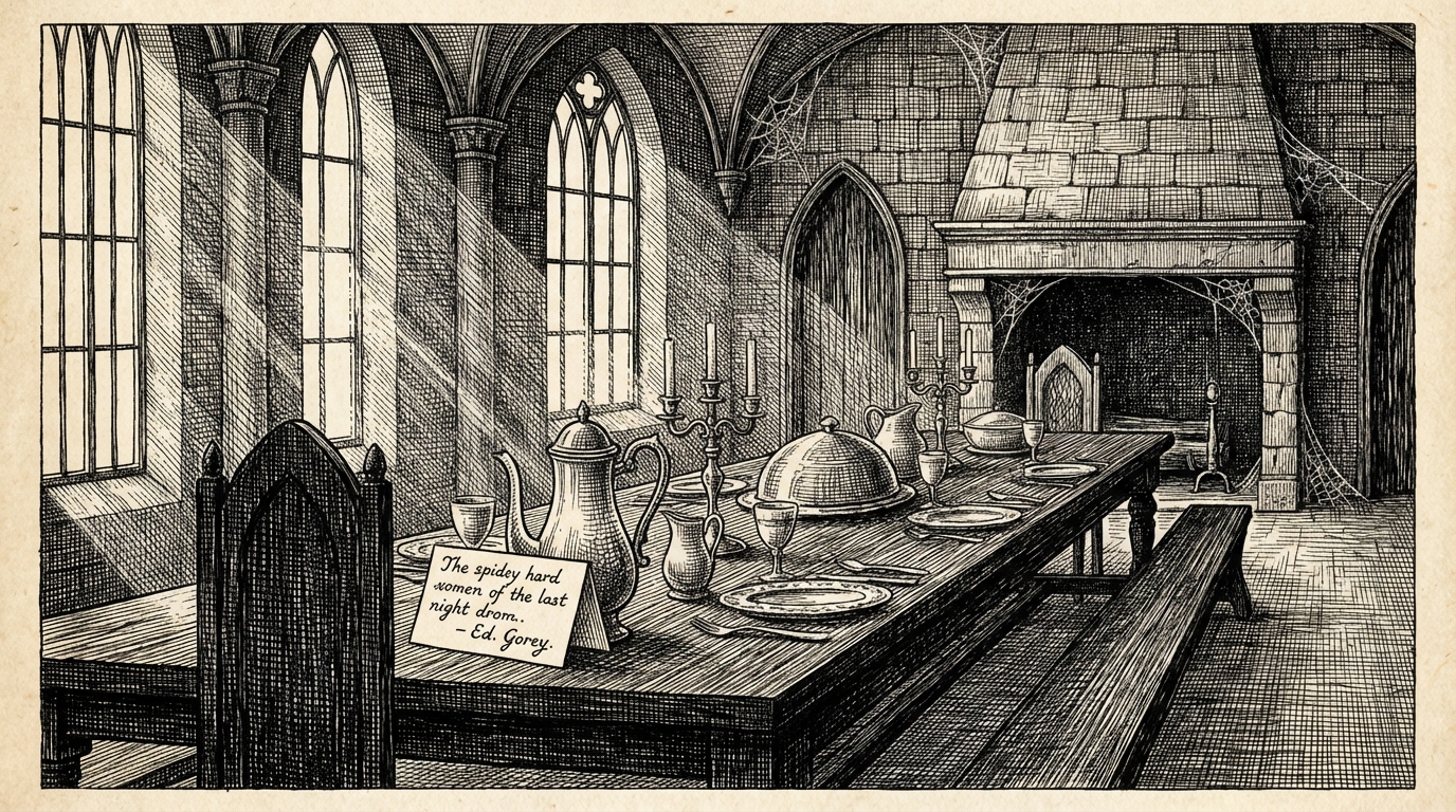 Jonathan finding a cold breakfast laid out in an empty dining room, a handwritten card on the table