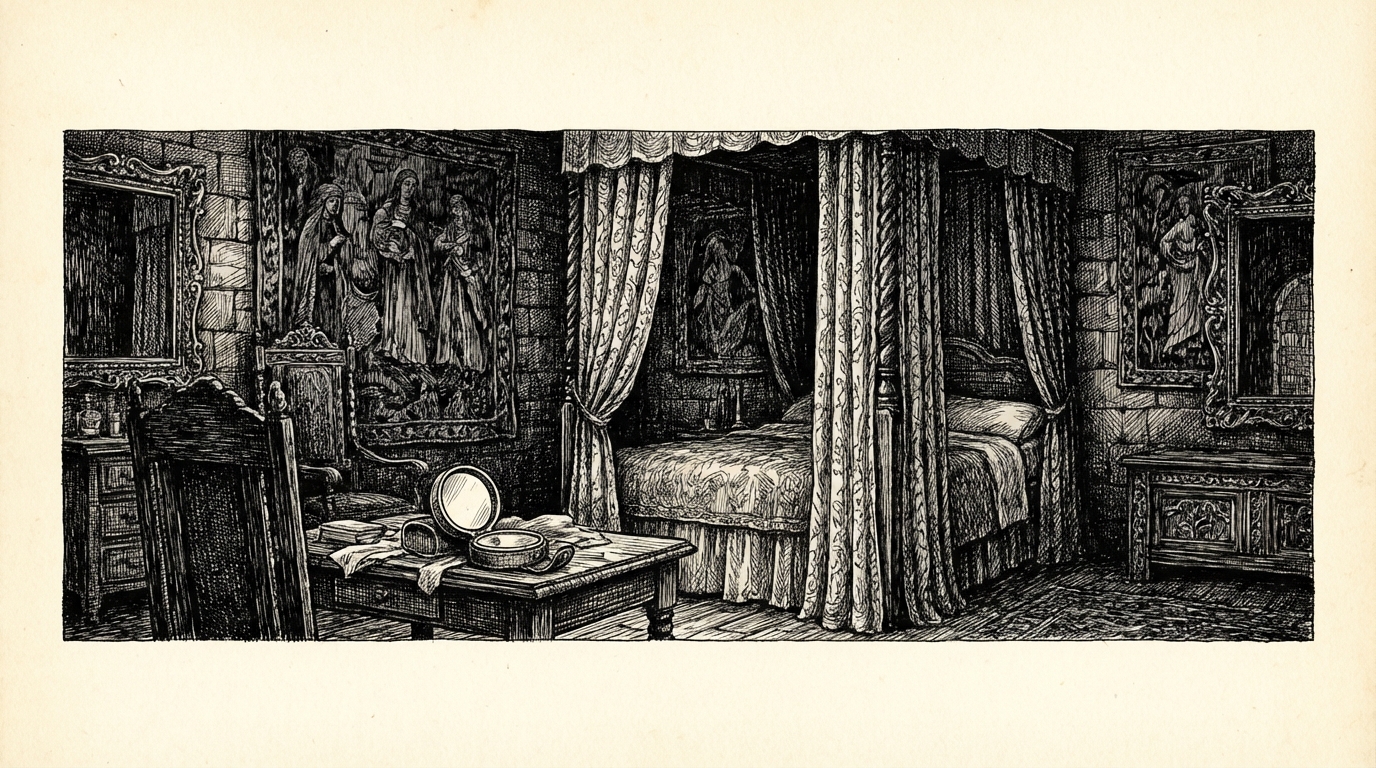 A grand bedroom with no mirrors — rich curtains, gold table service, ancient fabrics, but conspicuously no reflective surface