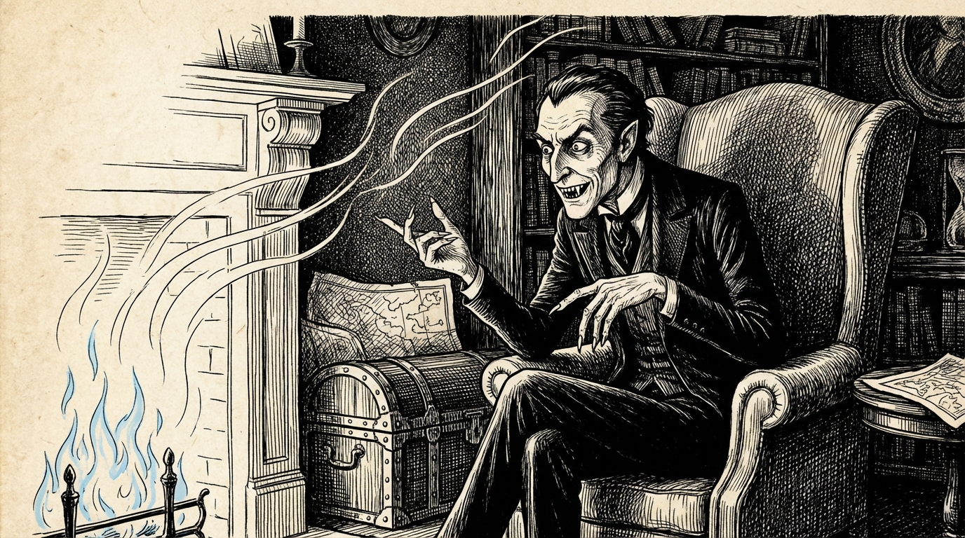 The Count smiling, canine teeth showing, explaining the blue flames and buried treasure by firelight