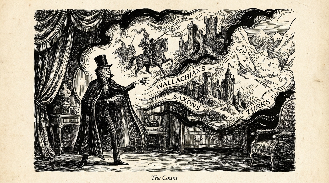The Count standing, animated, speaking of Wallachians, Saxons, and Turks, blood and treasure buried in the soil