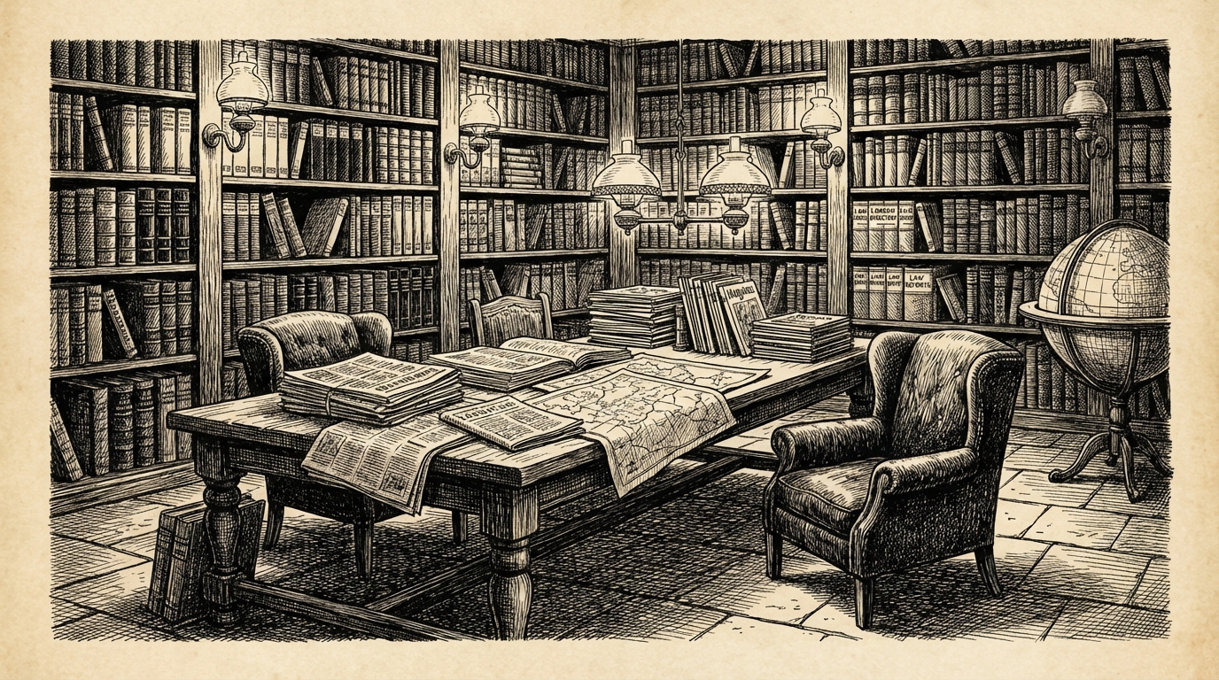 A vast library with shelves of English books, magazines scattered on a central table, maps and directories