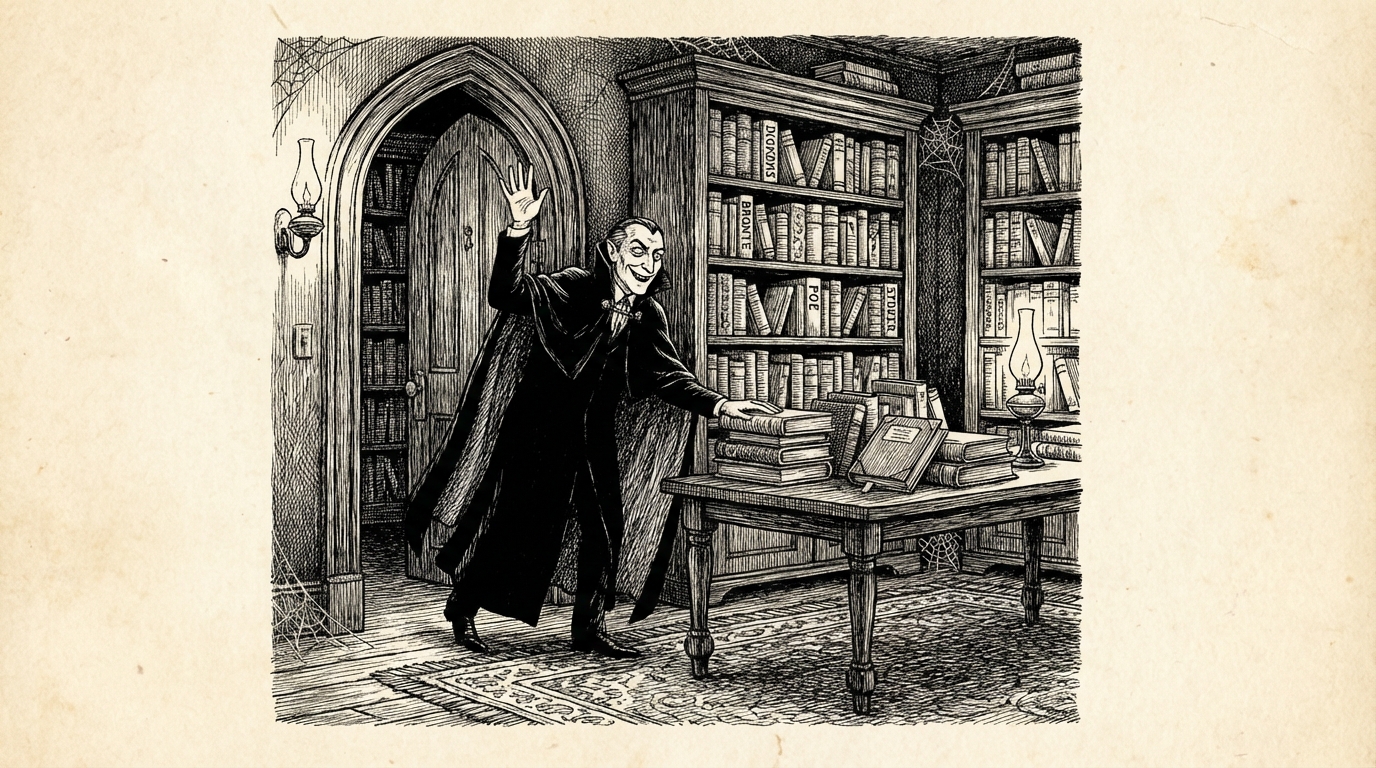 The Count entering the library, saluting Jonathan heartily, hand resting on a shelf of English books