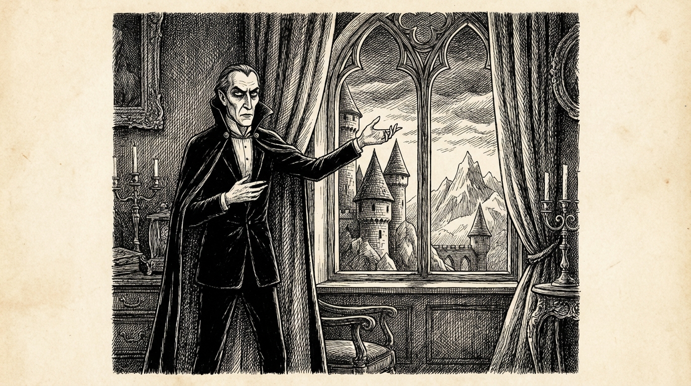 The Count speaking passionately by a window, gesturing broadly — 'Here I am noble; I am boyar'