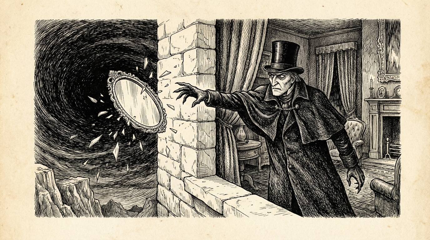 The Count hurling a shaving mirror through a window with terrible strength, glass shattering into the courtyard far below