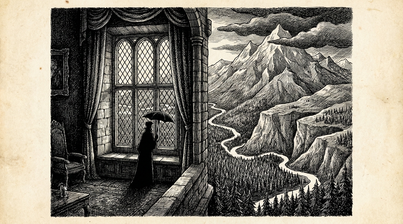 A vast mountain view from a castle window — a sheer precipice dropping a thousand feet, an endless sea of green treetops