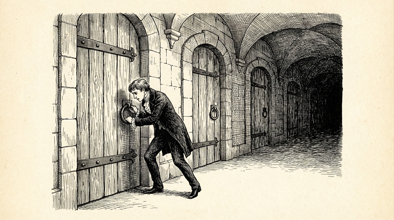 Jonathan trying door after door in a stone corridor, all locked and bolted, desperation growing on his face