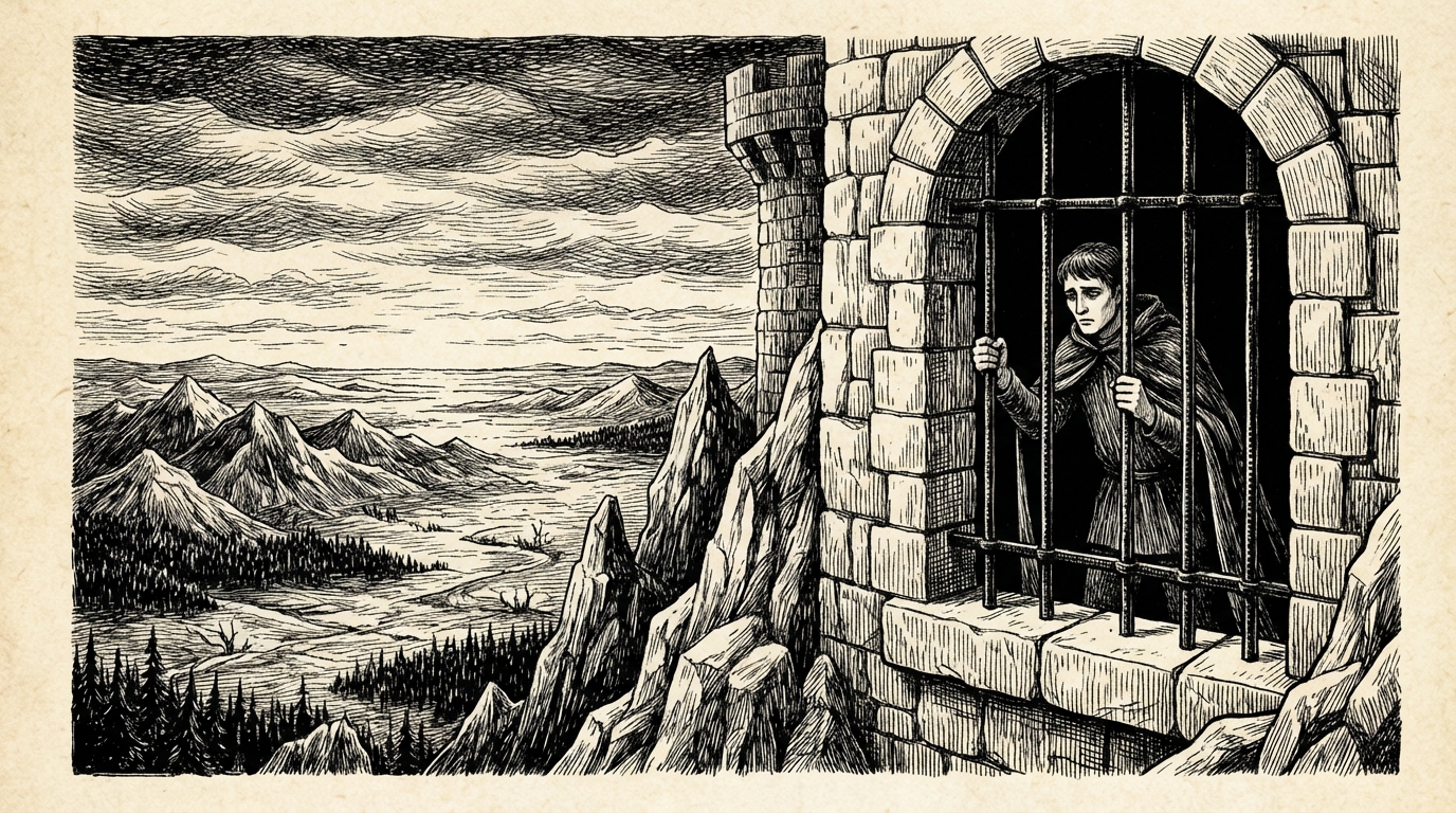 Jonathan standing at a barred window high in the castle wall, the vast empty landscape stretching below — a prisoner