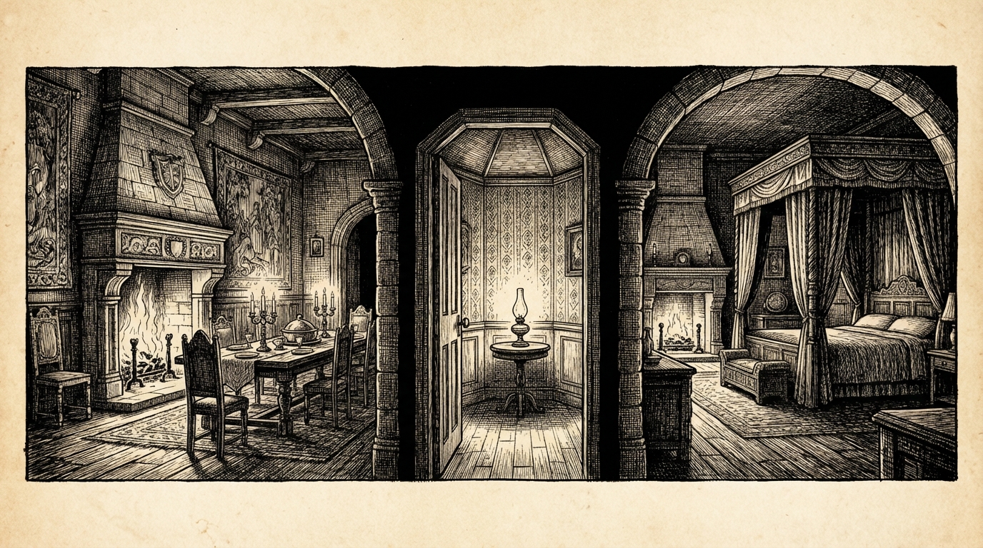 A series of ornate rooms — a dining room with a roaring fire, a small octagonal room, a grand bedroom