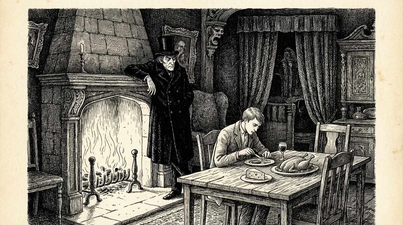 The Count leaning against a stone fireplace while Jonathan eats supper alone, the fire casting long shadows