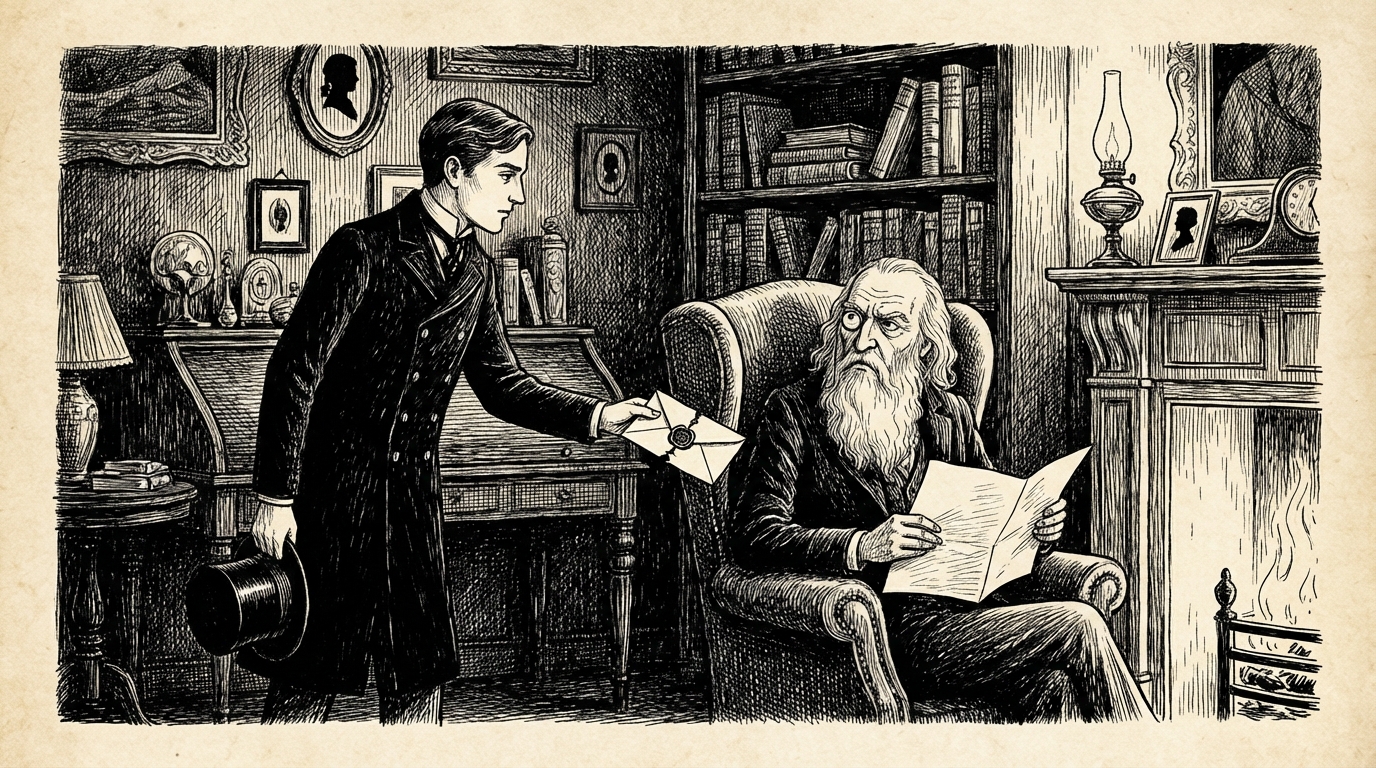 Jonathan handing a sealed letter to the Count, who reads it gravely by firelight