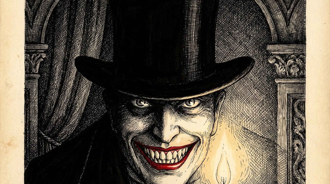 A sinister smile with red lips and sharp white teeth in lamplight