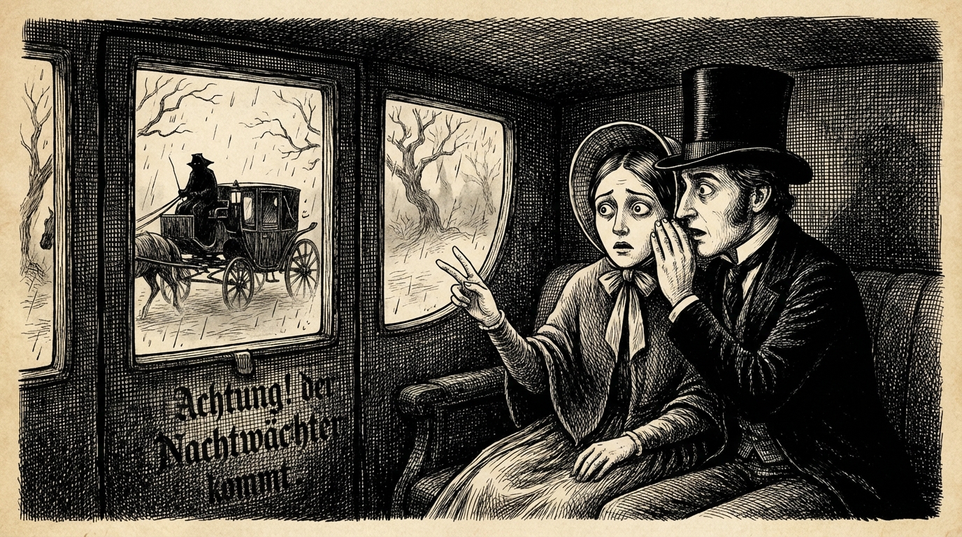 Terrified passengers whispering, one making a warding gesture