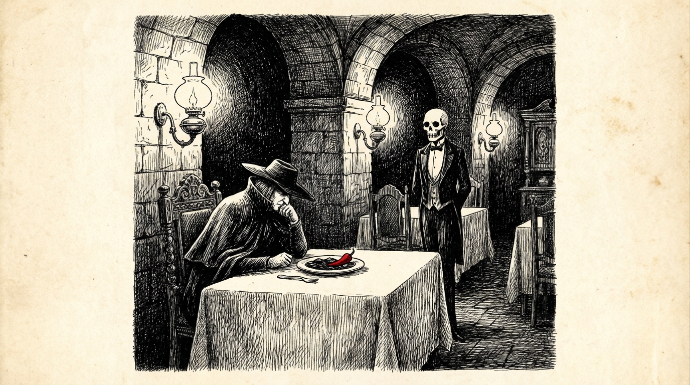 A traveller dining alone in a dimly lit Eastern European hotel