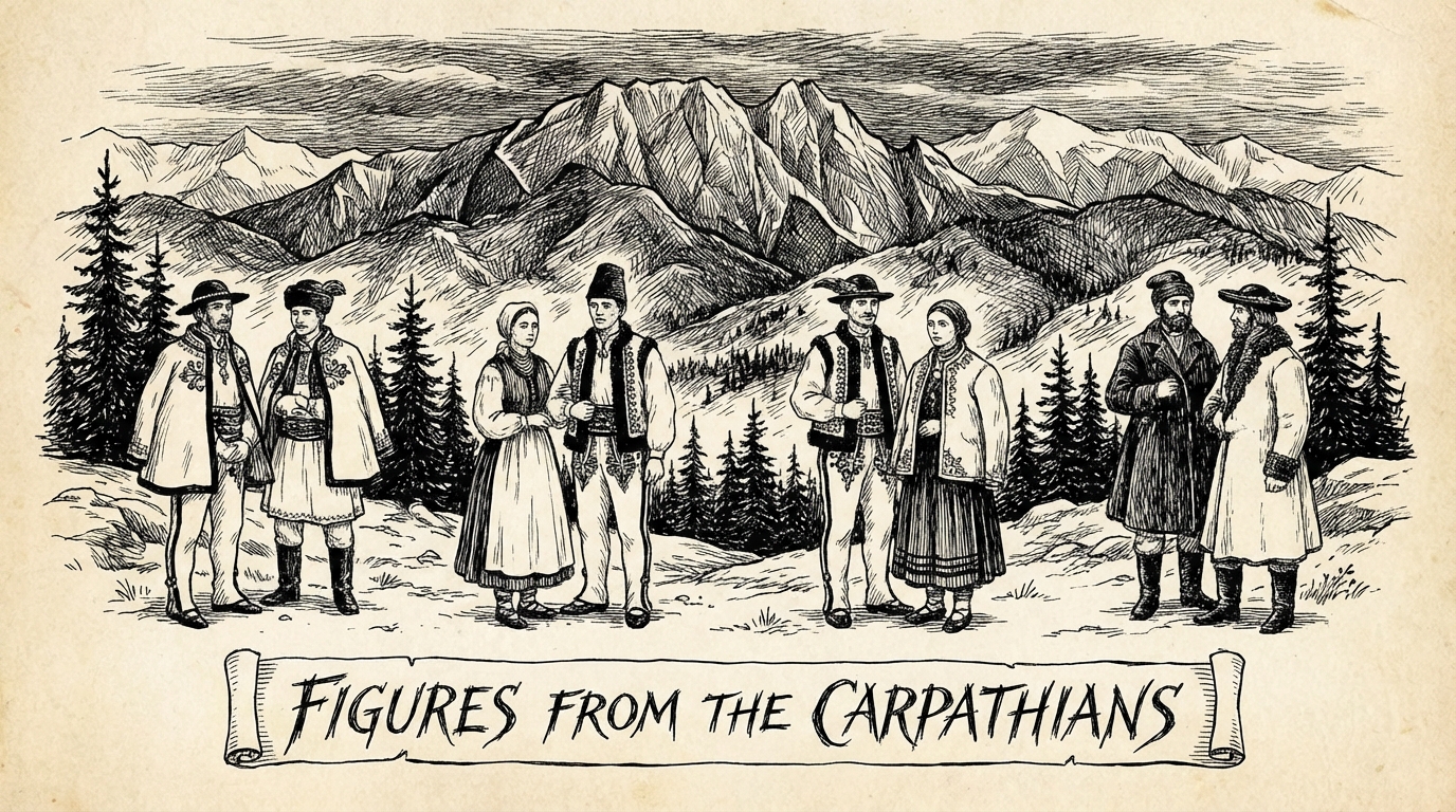 Four groups of Eastern European people in traditional dress