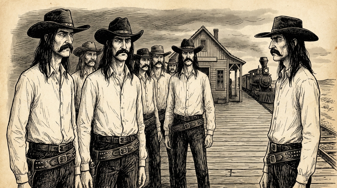 Slovak men in wide leather belts and cowboy hats at a train station