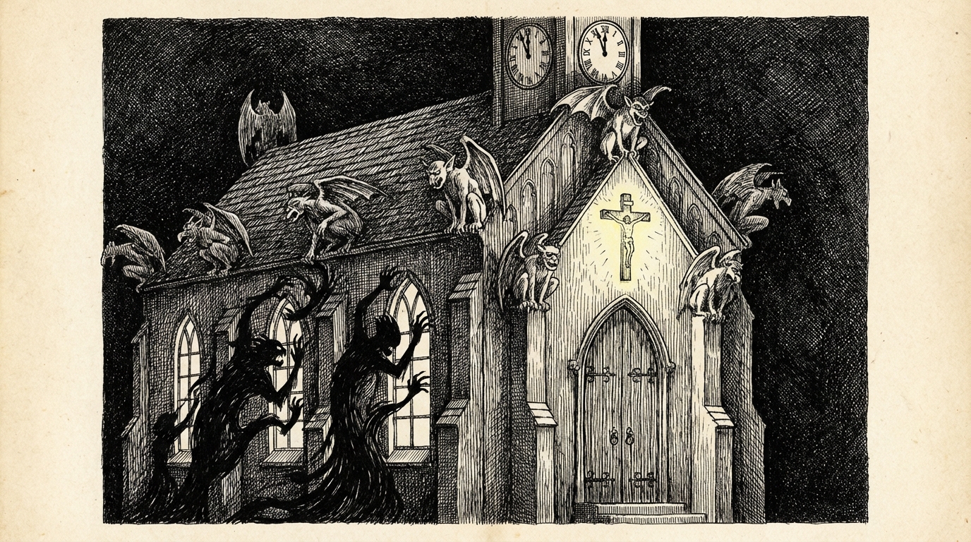 A midnight scene with a church clock about to strike twelve