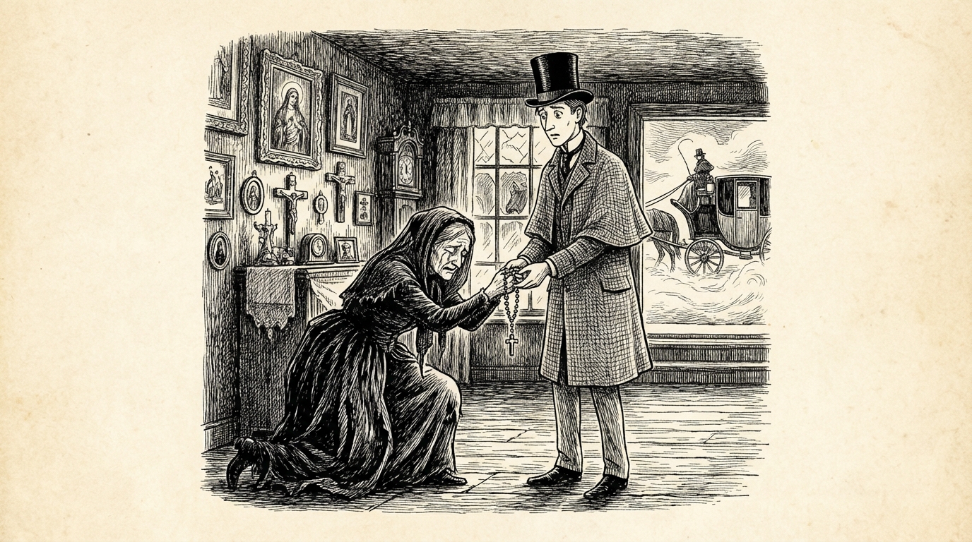 An old woman pressing a crucifix into a young man's hands