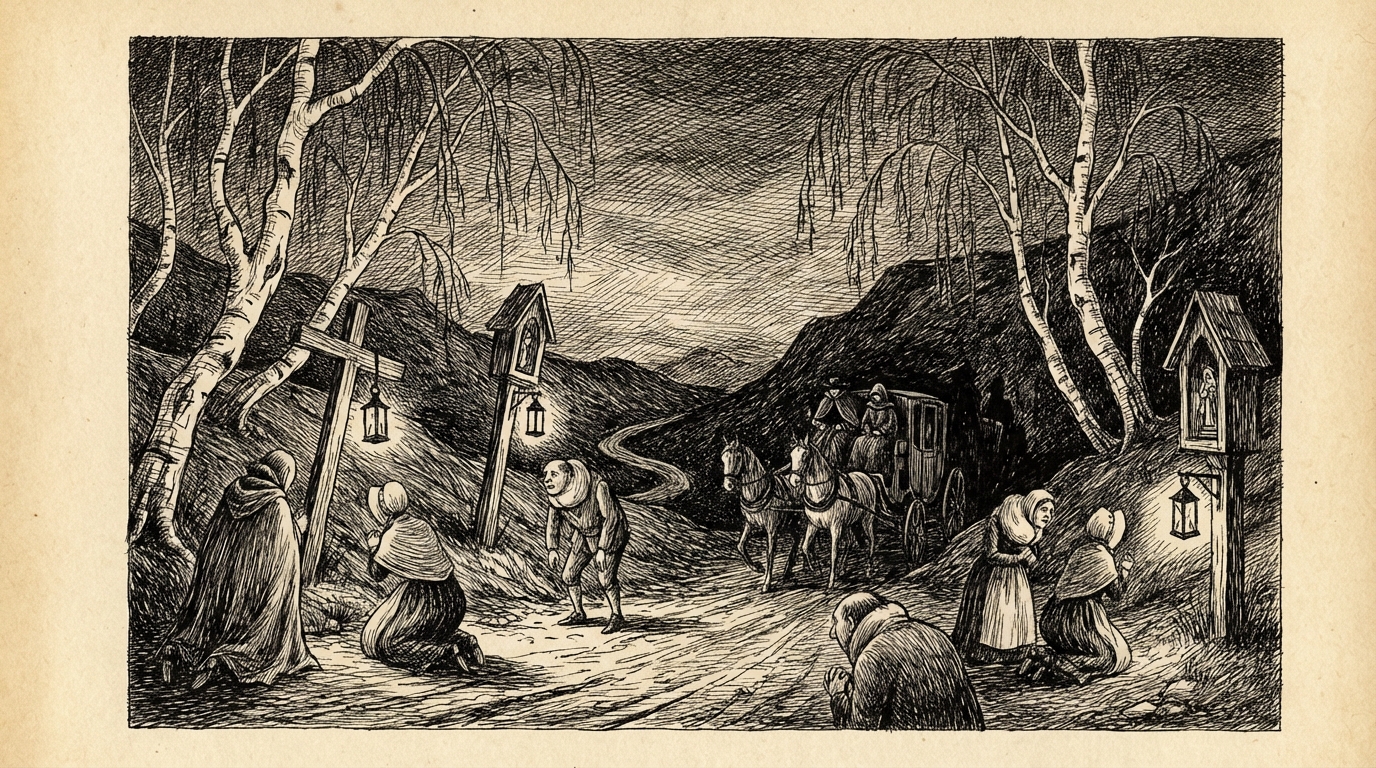 A darkening mountain road with roadside crosses and shrines